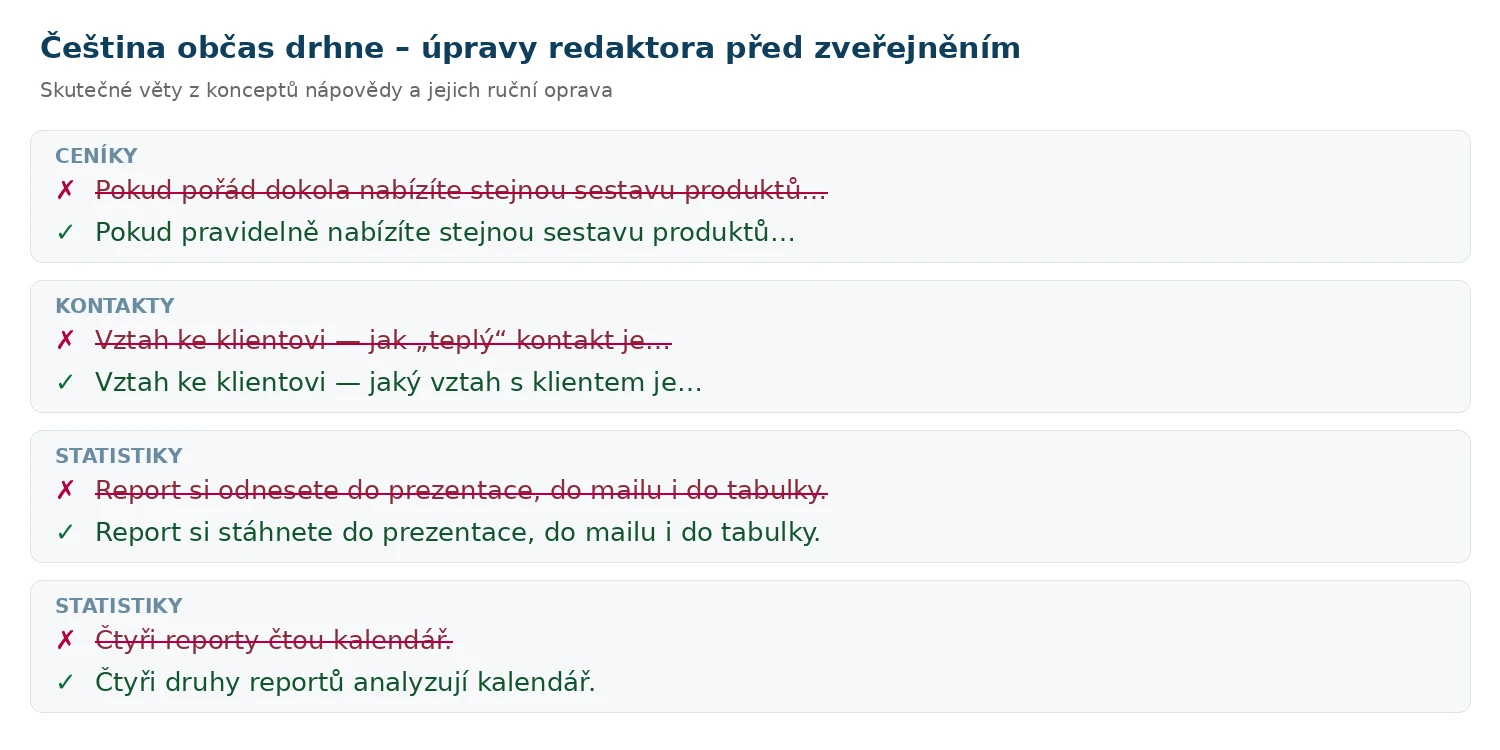 Ukázky vět z konceptů nápovědy a jejich ruční oprava redaktorem