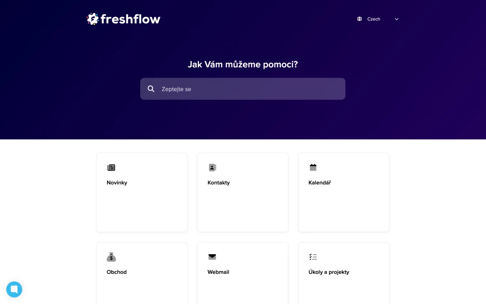 Úvodní stránka nápovědy FreshFlow na help.freshflow.app s vyhledáváním a sekcemi Novinky, Kontakty, Kalendář, Obchod, Webmail a Úkoly a projekty