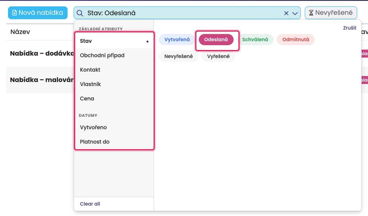 Screenshot filtru nabídek ve FreshFlow, kde AI rámečkem zvýraznila seznam atributů a stav Odeslaná